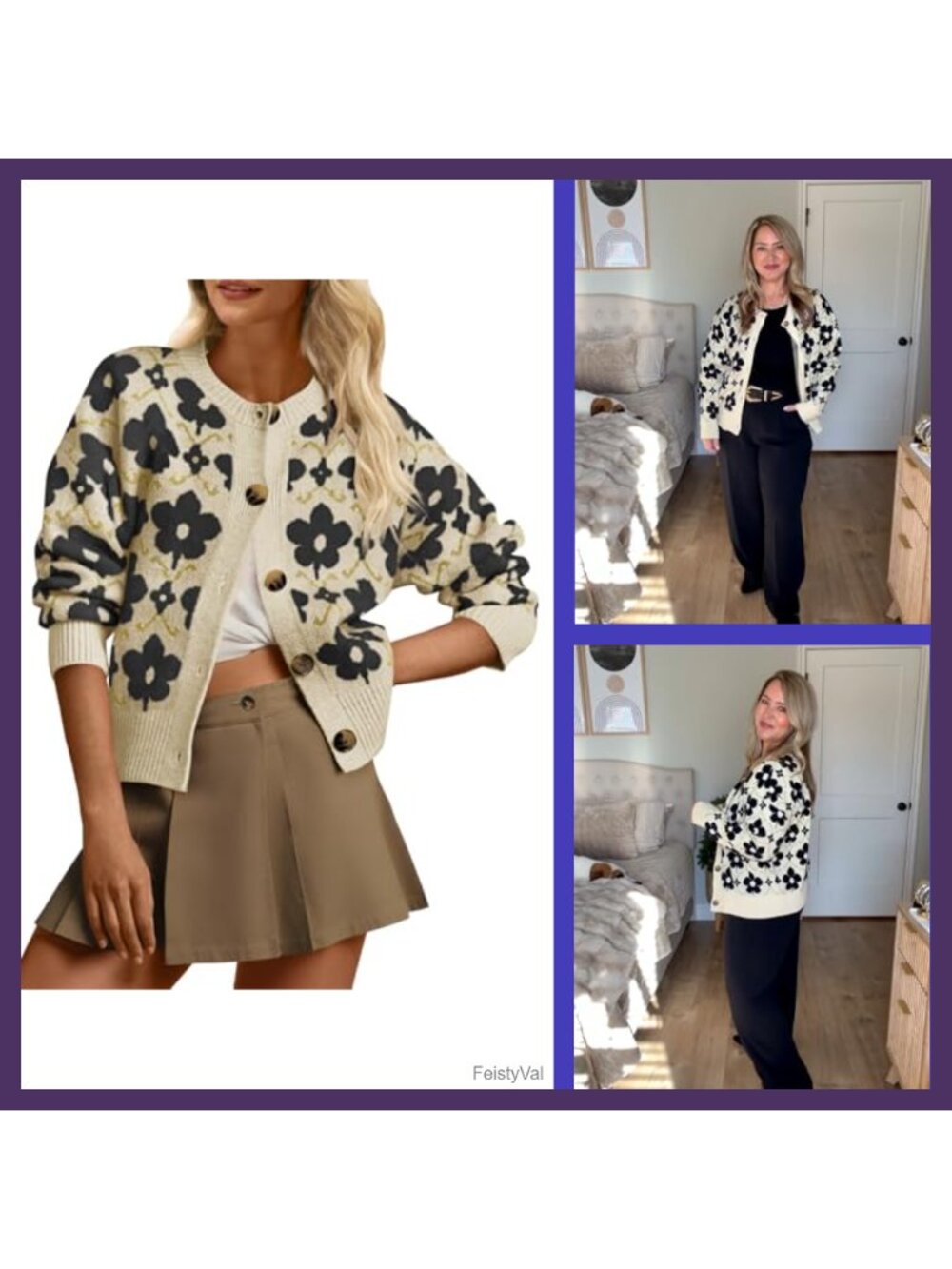 Womens Floral Knit Cardigan Long Sleeve Button Down Retro Sweater